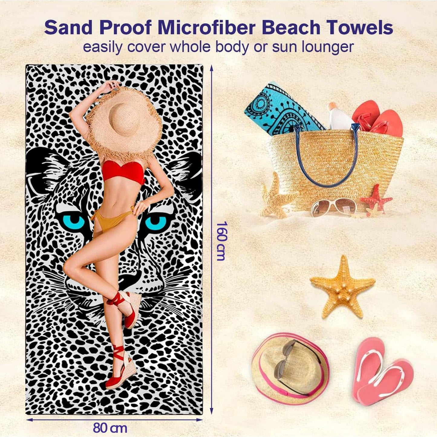 Vibe2Go Microfiber Leopard Beach Towel, Funny Cheetah Lightweight Beach Towels for Women Adults Girls