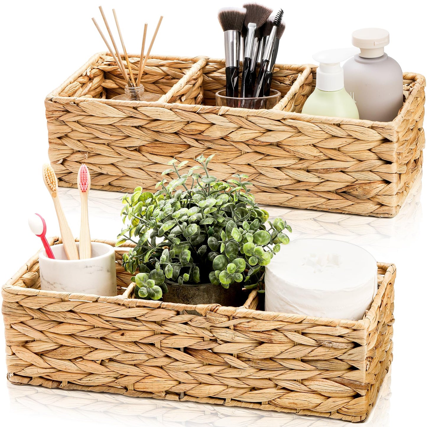 Pumtus 2 Pack 3-Section Wicker Baskets, Water Hyacinth Storage Bin, Handwoven Desk Organizer, Toilet Paper Container
