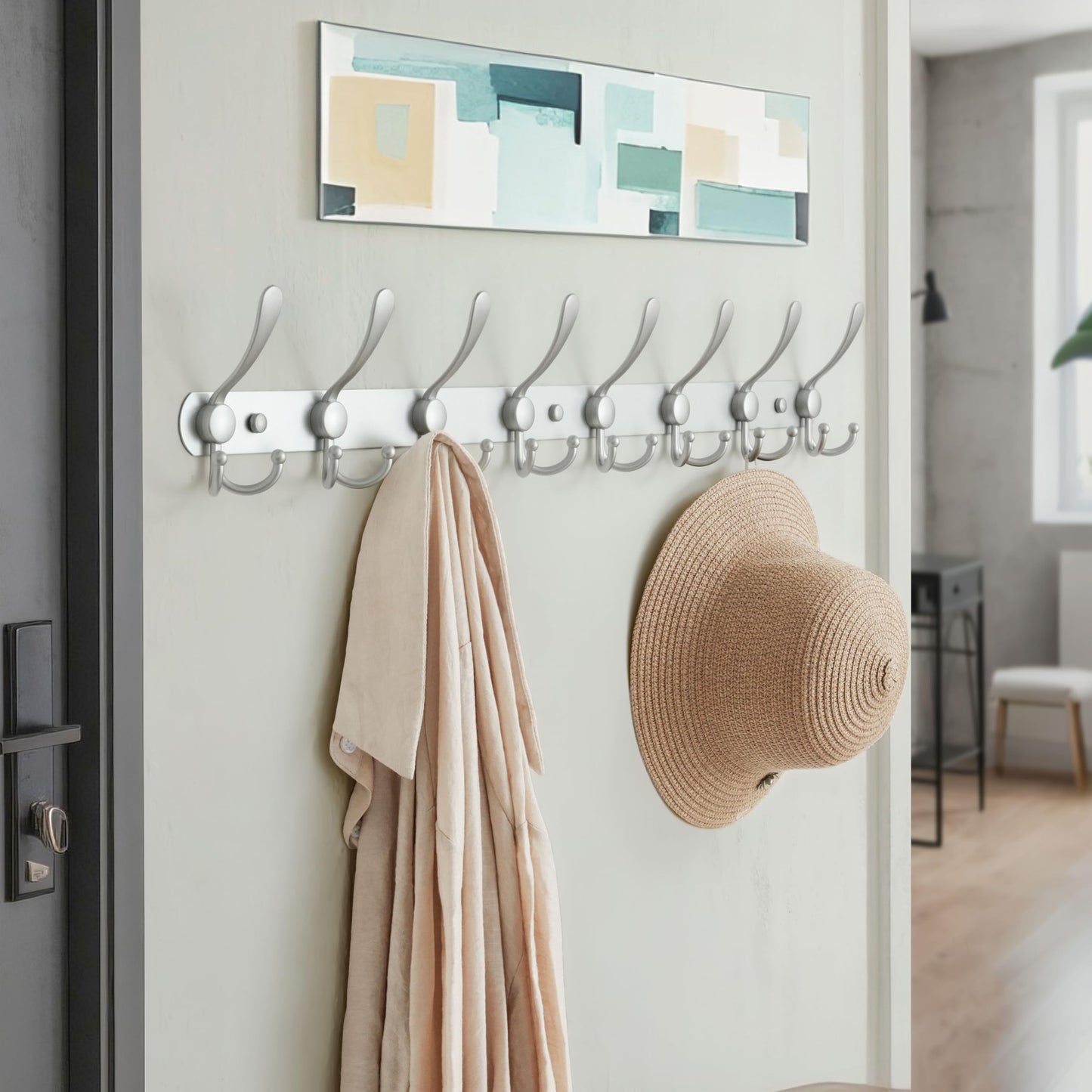 Dseap Coat Rack Wall Mount - 74cm Long 8-Tri-Hooks Heavy Duty Coat Hanger Rail Wall Hooks for Hanging Coats Hats Clothing Clothes Purse Mudroom