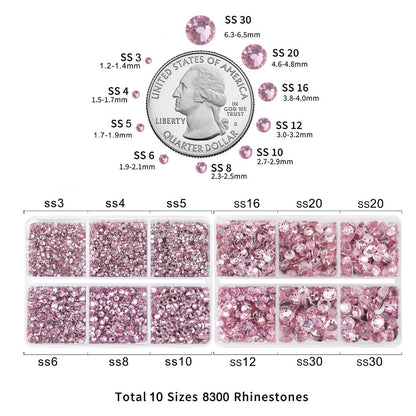 Beadsland 8300PCS Flatback Rhinestones, Pink Rhinestone Nail Gems Round Crystal Rhinestones for Crafts, Mixed 10 Sizes with Wax Pencil and Tweezer