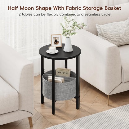 Vagusicc Side Table, Round End Table with Fabric Basket, Small Coffee Table, Set of 2 Half Moon Entry Table, Accent Table Bedside Table