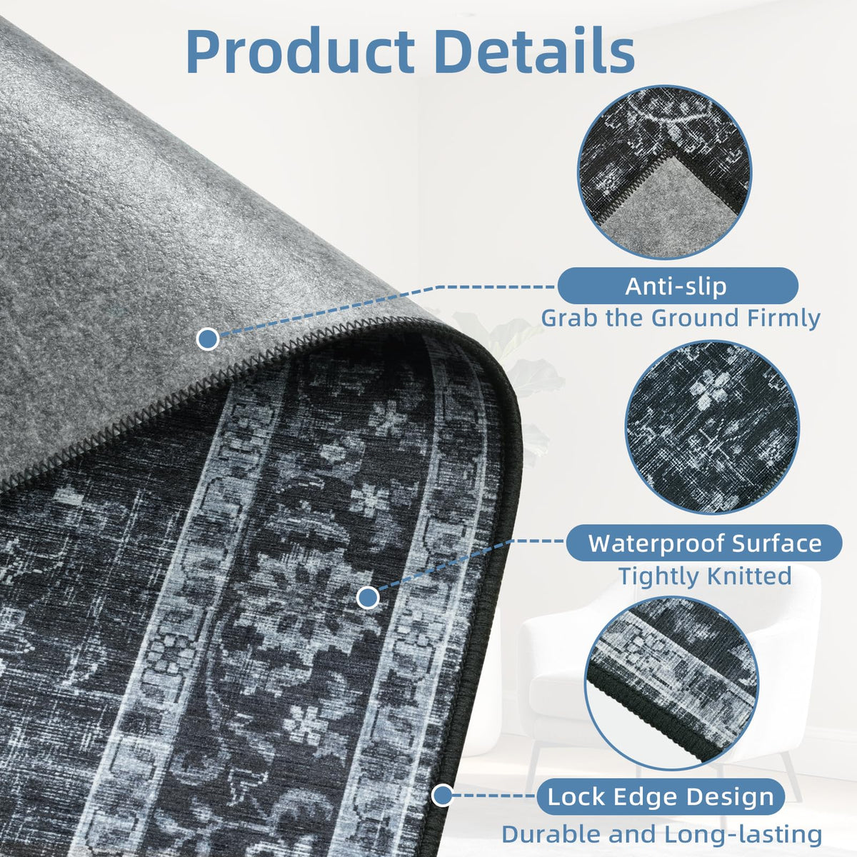 Office Chair Mat for Hardwood Floor, 90x120 cm Anti-Slip Computer Gaming Desk Mat, Multi-Purpose Floor Protector for Home Office Rolling Chair