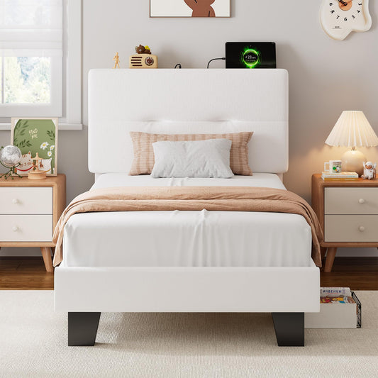 Feonase Single Bed Frame with Charging Station, Velvet Upholstered Platform Bed Frame Single Beds with Storage Headboard, Wooden Slat Support, Noise