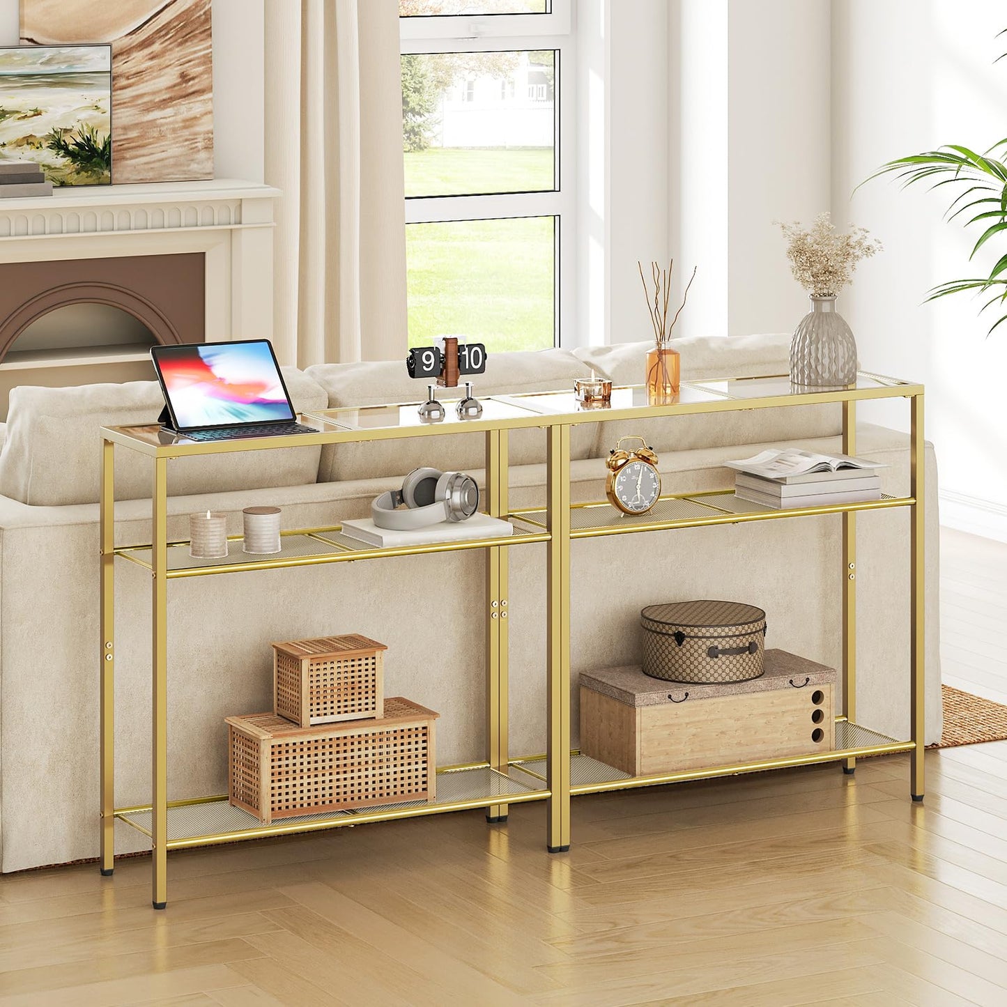HOOBRO 3-Tier Gold Console Table, Tempered Glass Sofa Table, Narrow Side Table, Modern Hallway Table, for Living Room, Foyer, Hallway, Bedroom