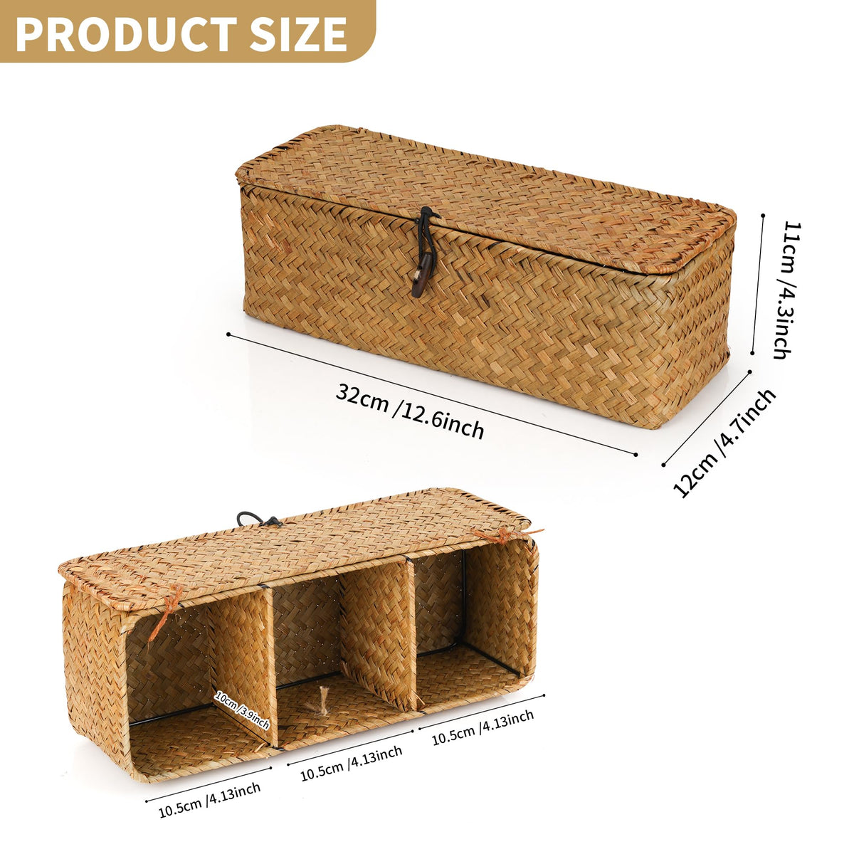 YKUKIZEE Seagrass Storage Basket with Lid, Woven Basket with 3 Compartments