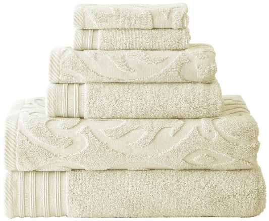 Amrapur Modern Threads 6-Piece Medallion Jacquard/Solid Ultra Soft 500GSM 100% Combed Cotton Towel Set Ivory