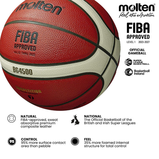 Molten BG4500 Basketball, Match Ball, BBL & WBBL, FIBA Approved, Premium Composite Leather, Indoor Play, Orange/Ivory, Size 7, Suitable For Boys age