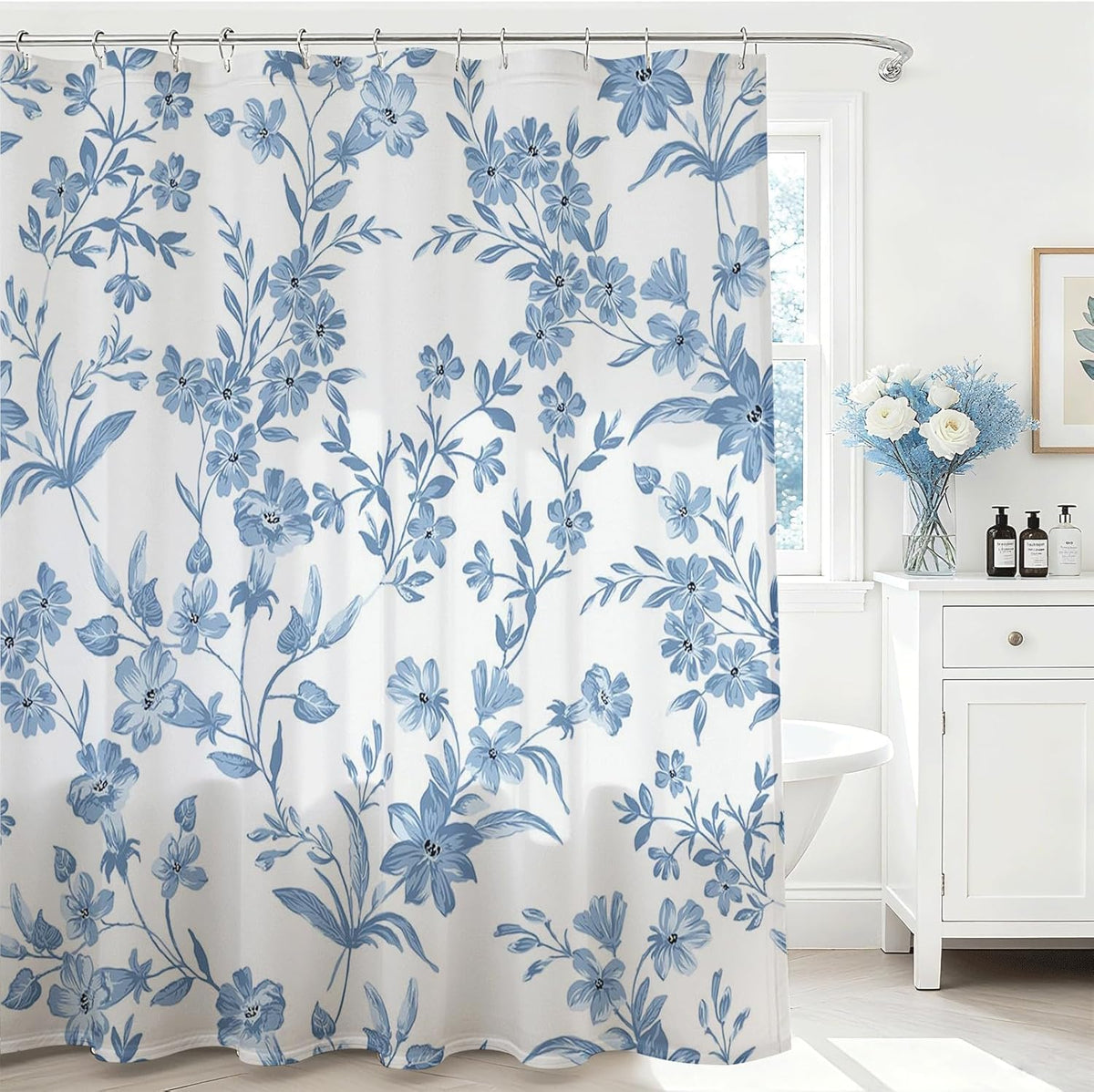 Avezano Floral Shower Curtain Blue Flower Bathroom Shower Curtain Blue Waterproof Fabric Shower Curtains Bathtub Decor with 12 Hooks 72 X 72 Inches