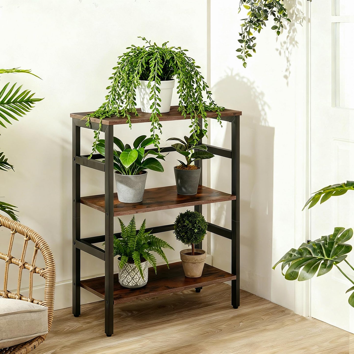 HOOBRO Tall Side Table, Record Player Stand, 3-Tier End Table, Plant Stand, 3-Layer Bookshelf, 60 x 30 x 81 cm, Industrial, for Living Room, Bedroom