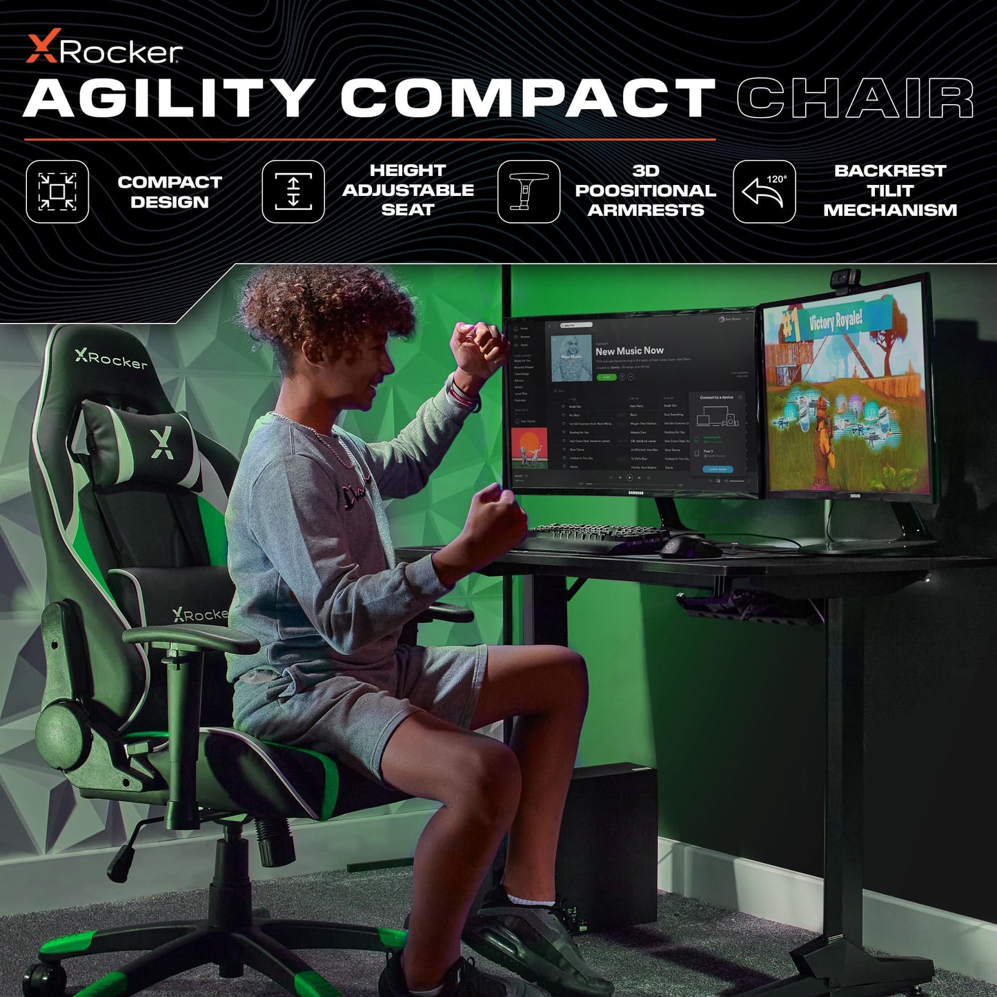 X-Rocker Agility Compact High Back eSports Gaming Chair for Kids & Teens - 3D Armrests, Head & Lumbar Cushion, Height Adjustable
