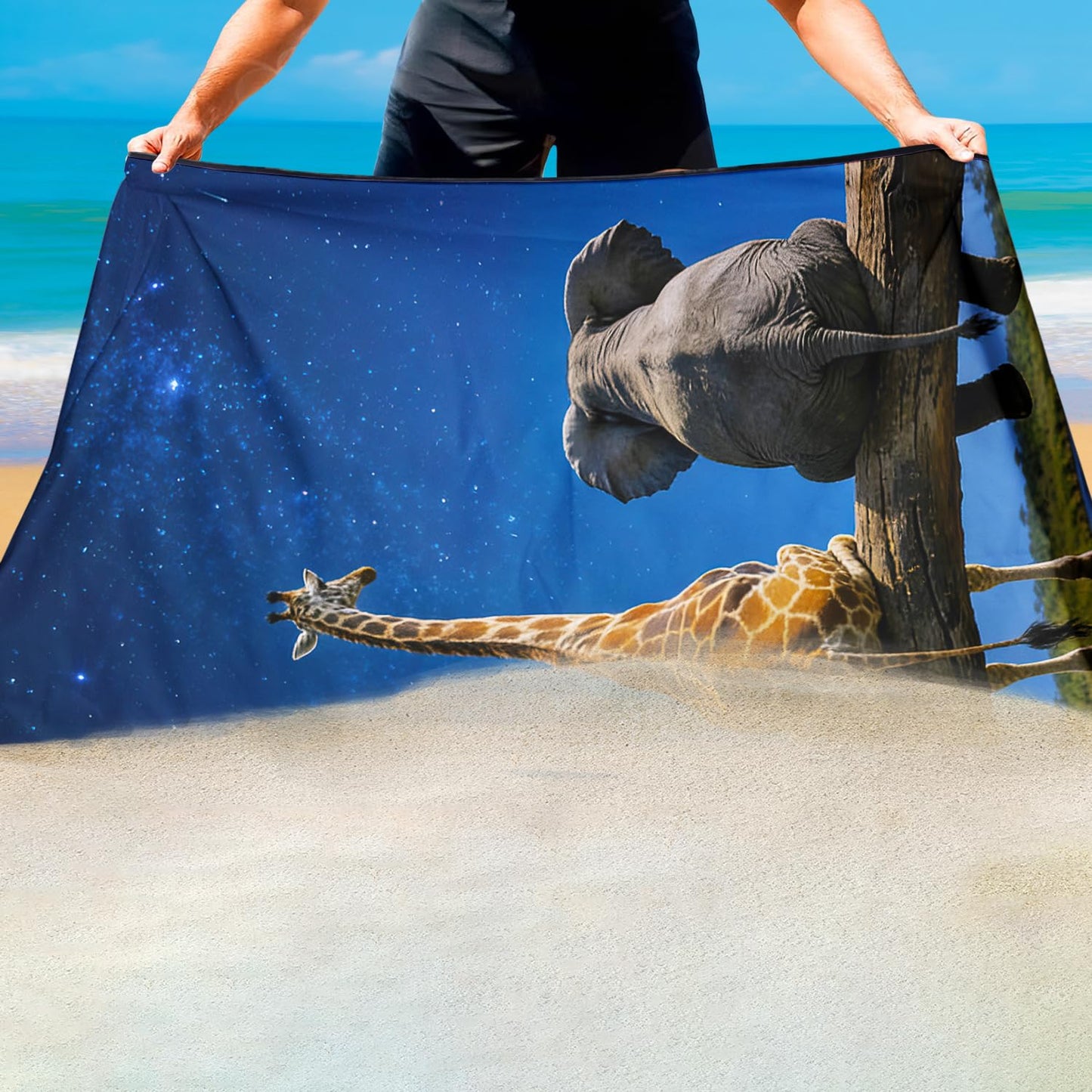 Violetpos Starry Giraffe & Elephant Beach Towel, Extra Large 180x90 cm 250GSM Microfibre, Sand Free Quick Dry
