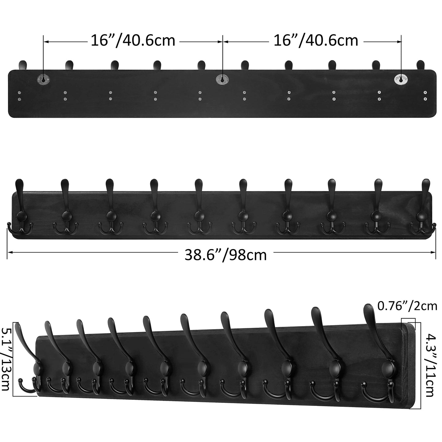 SKOLOO Coat Rack Wall Mounted - 38.3'' Long, Pack of 2, Wooden, Heavy Duty, Rustic Coat Hooks for Wall