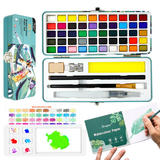 Watercolour Paint Travel Sets with Palette - 50 Art Supplies Water Color Painting Professional Kit for Kids Adults Artists - Portable Metallic