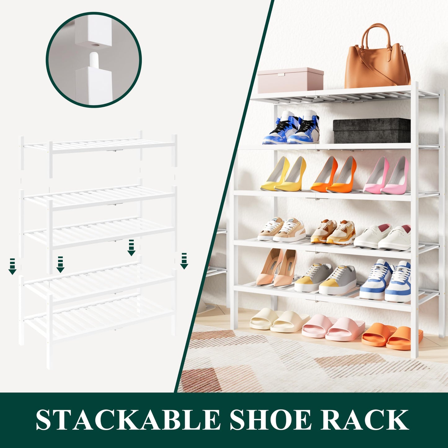 smiry Shoe Rack, 2 Tier Bamboo Shoe Organizer, Stackable Free Standing Wooden Shoe Storage Shelf for Entryway, Front Door Entrance, White