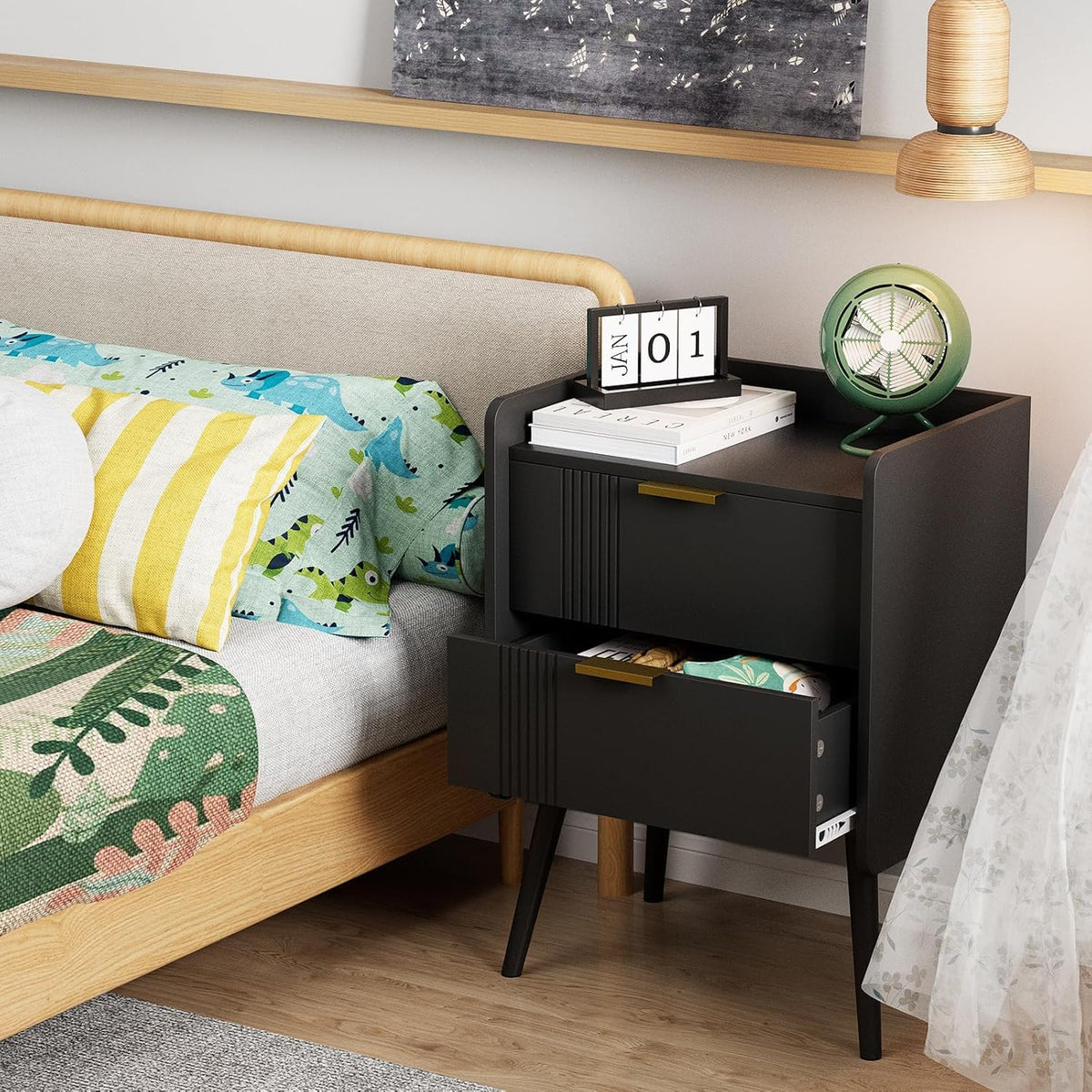 Huhote Bedside Table with 2 Drawers, Storage Nightstand, Wooden Bedside Cabinet for Bedroom, 2 Tier Bed Side Table, Coffee End Table with Wooden Legs