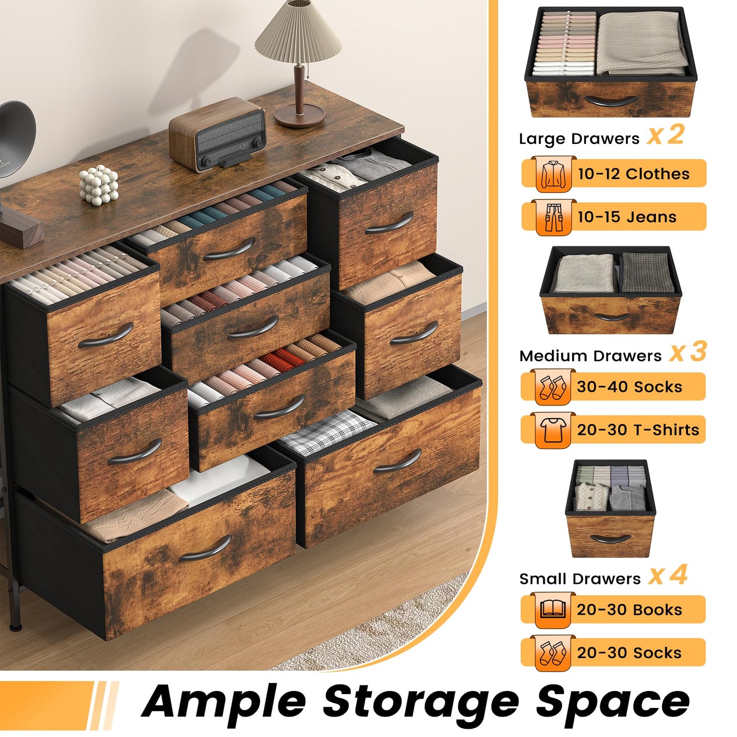 Feonase Chest of Drawers,Bedroom Dresser with 9 Fabric Drawers, Metal Frame & MDF Wood Top, Adjustable Feet, Storage Organizer Unit for Bedroom