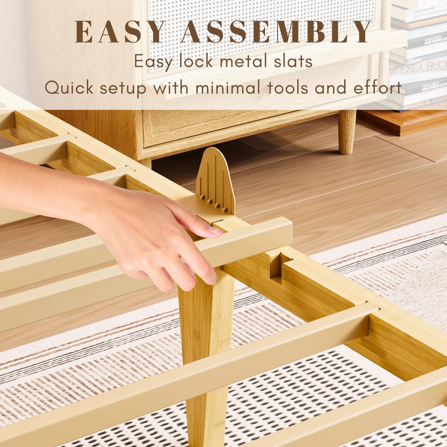 Hunlostten Single Bed Frame Wooden with Headboard - Bamboo Wood Bed Frames with Metal Slats Support and Underbed Storage Bedroom Furniture