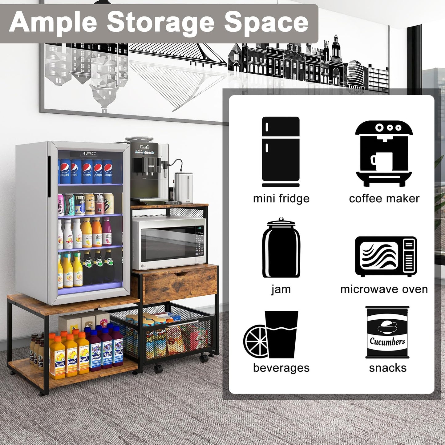 PUNCIA Mini Fridge Stand with Storage, Coffee Bar Cabinet with Drawer