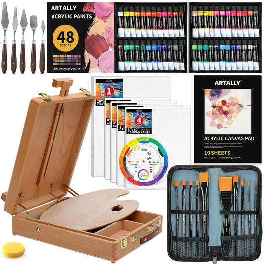 84-Piece Professional Acrylic Painting Set with Table Box Easel, 48 Colors Acrylic Paint Set, Paint Brush Set & Case,Canvas Pad, Complete Art Supplies