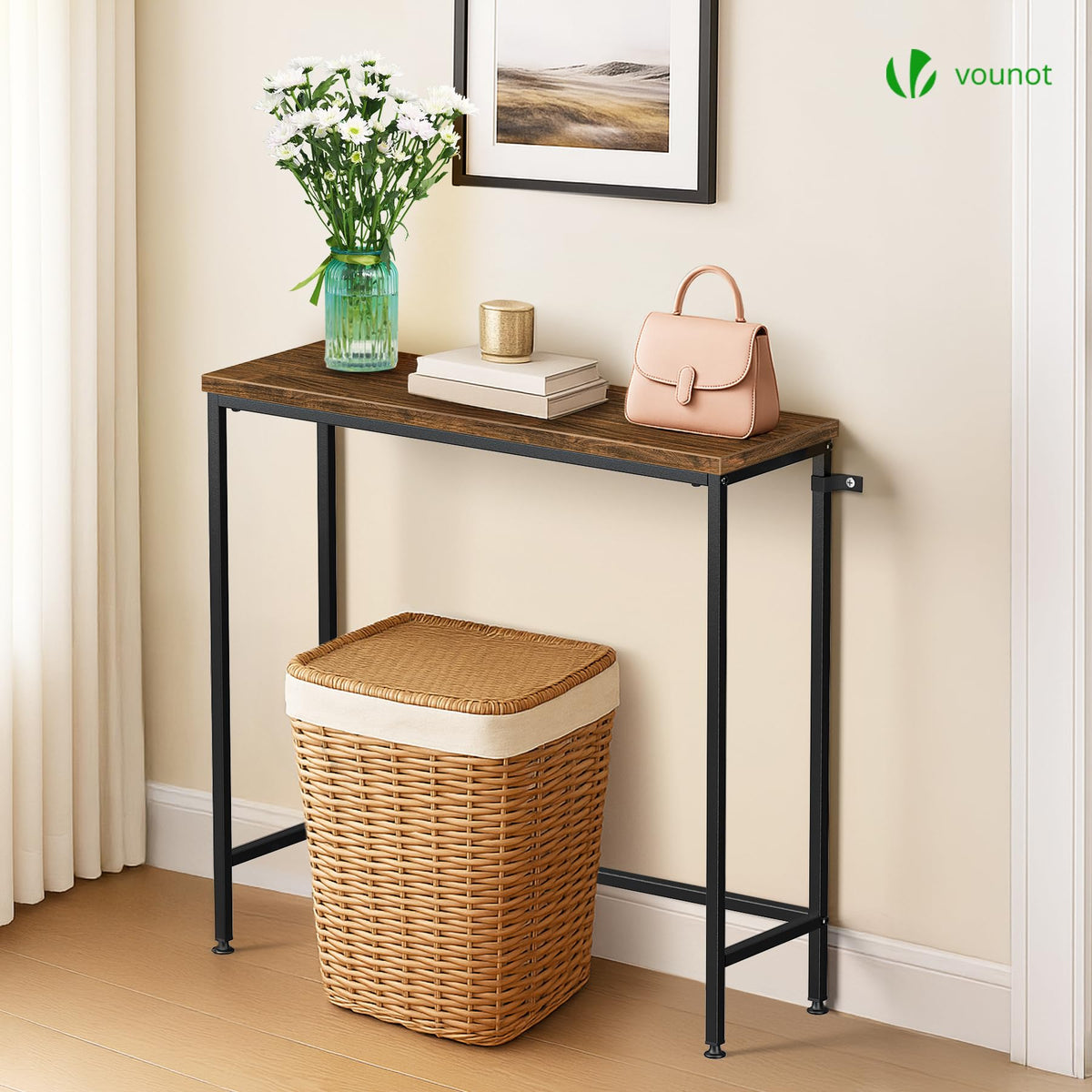 VOUNOT® Slim Console Table, Metal Frame Entryway Table, Small Sofa Side Table for Hallway, Living Room or Bedroom, 75x24x75 cm, Brown