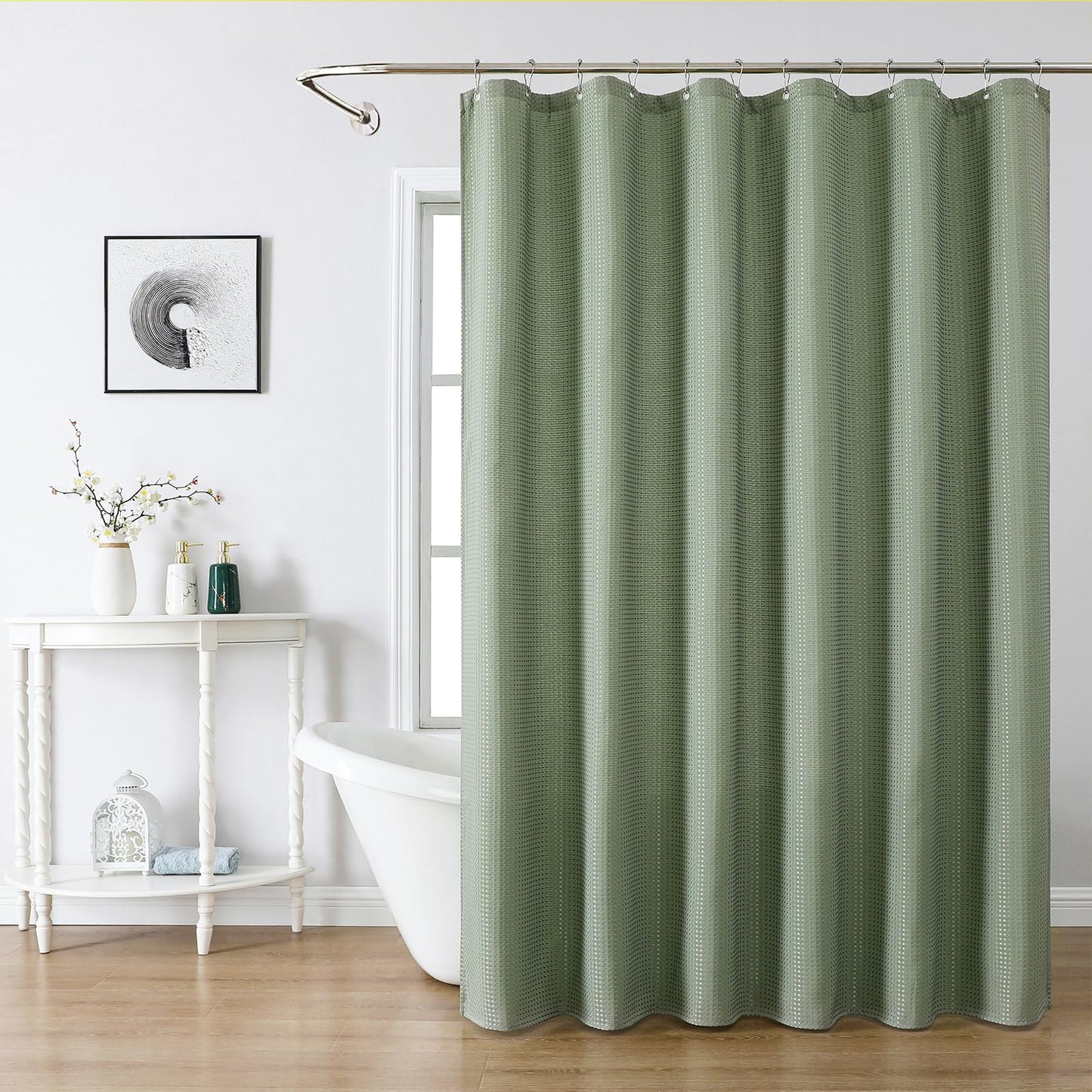 meioro Sage Green Shower Curtain, Mould Proof and Mildew Resistant Waffle Heavy Textured Fabric Shower Curtains with 12 Hooks