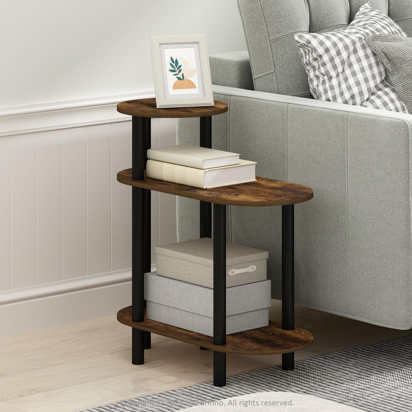 Furinno TURN-N-TUBE Side Table, 3-Tier Oval Sofa End Table with Open Shelf, Toolless Assembly Night Stand, Bedside Table, for Living Room, Bedroom