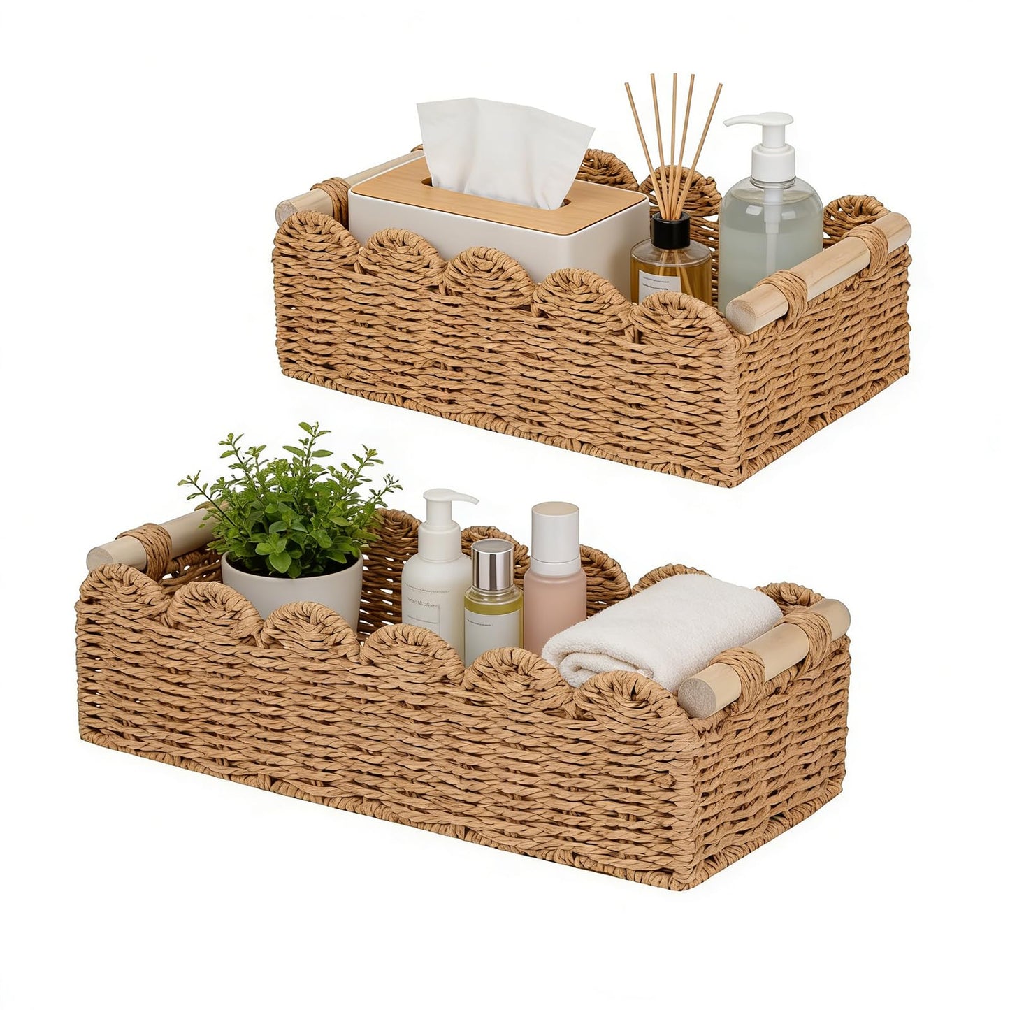 Storage Baskets Set of 2, Woven Wicker Hamper Basket with Handles, Scalloped Edge Rope Toilet Paper Tray, Organizer Bins for Bathroom, Shelf, Kitchen