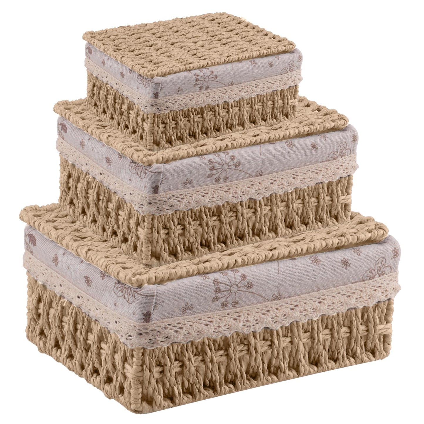 KiKiHong 3 Piece Storage Baskets with Lids,3 Sizes Woven Basket With Lid