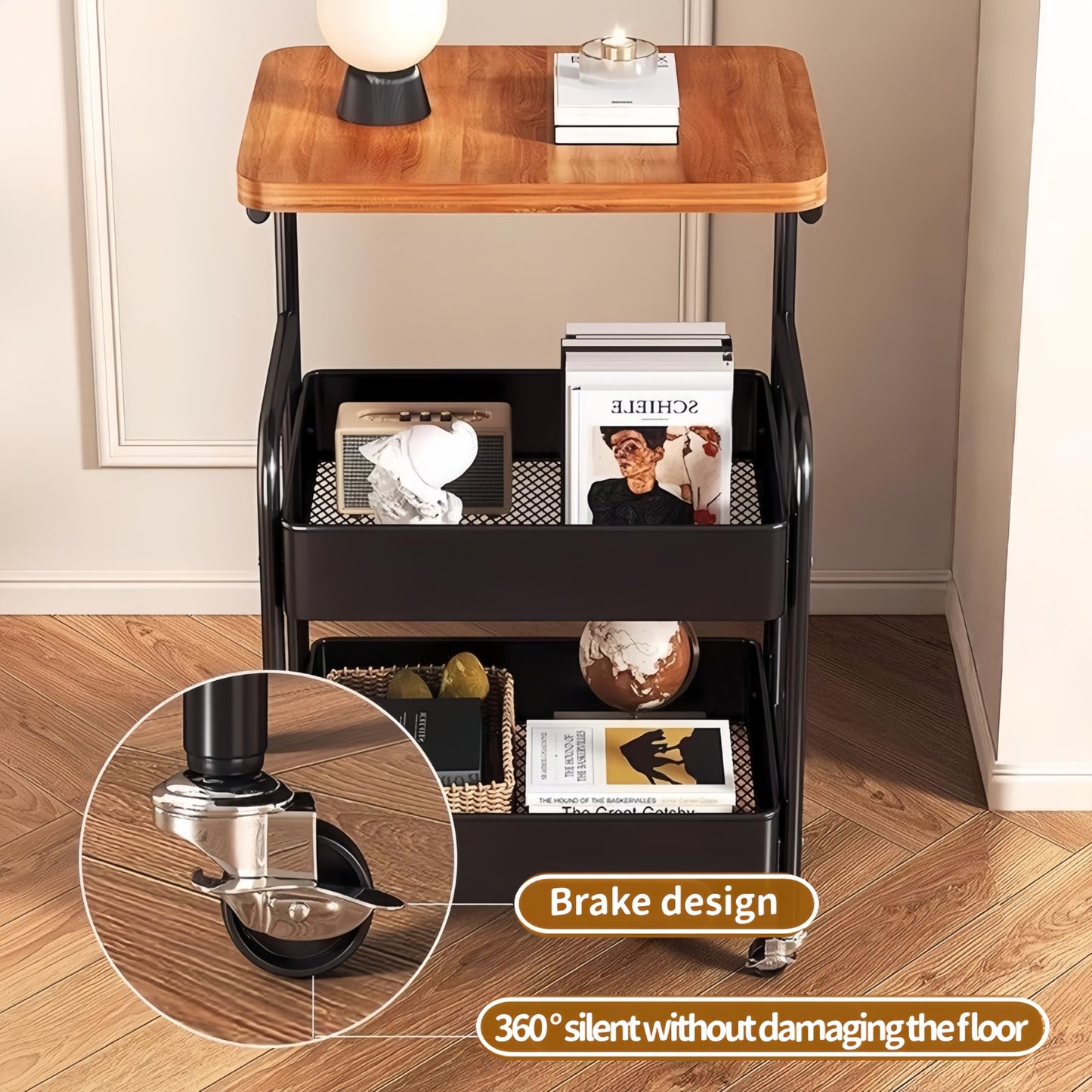 3-Tier Trolley on Wheels,with Wooden Shelves and Metal Baskets Black