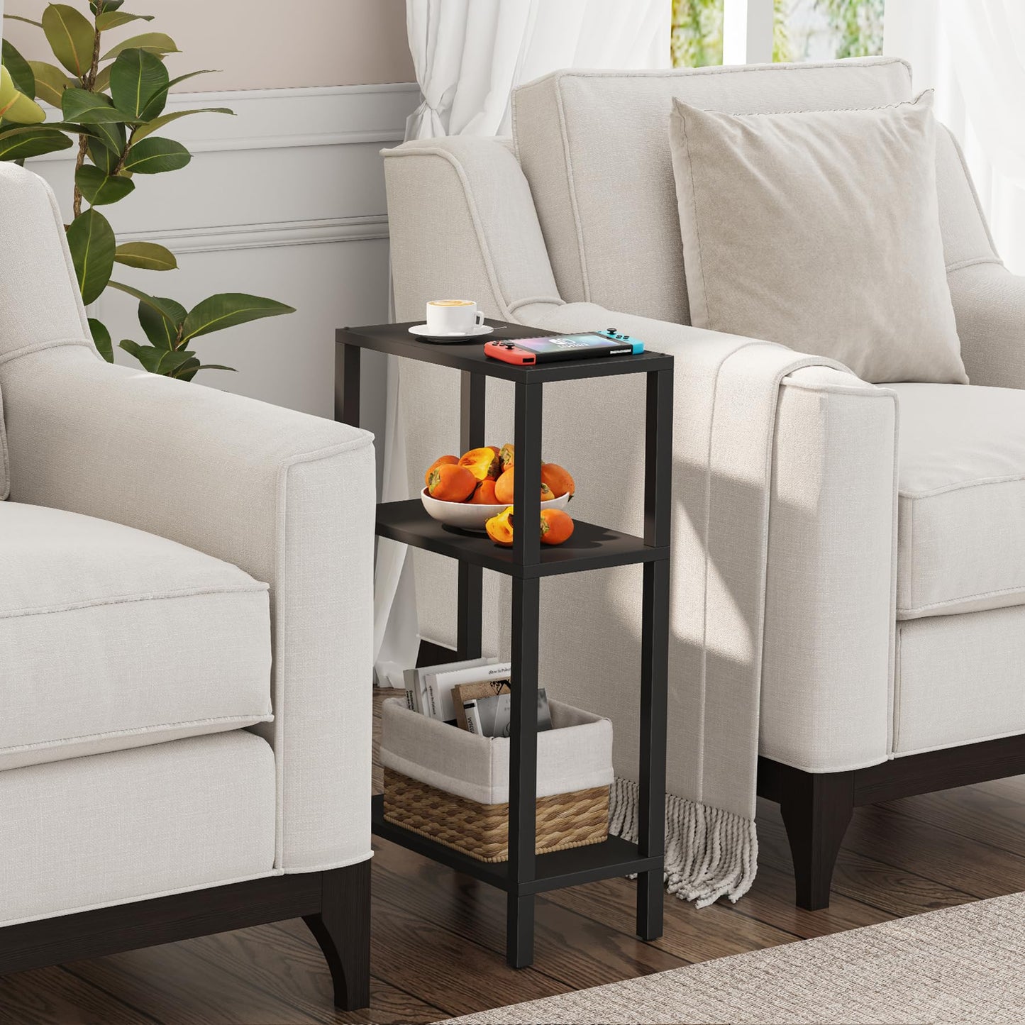 TUTOTAK Small Side Table, Narrow End Table, Skinny Sofa Table, Slim Nightstand, Couch Table, Living Room, Bed Room, Black TB01BK077EU