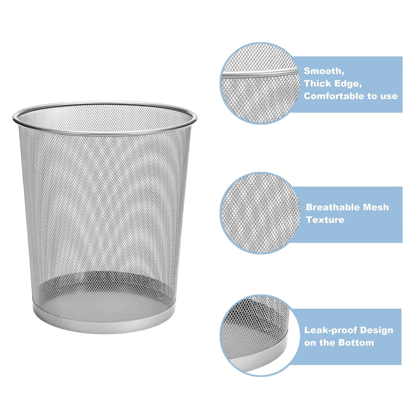 D.RECT Round Mesh Bin Silver 12L – Metal Wastepaper Basket for Office & Home – Breathable Design, Anti-Rust Coating, Leakproof Bottom