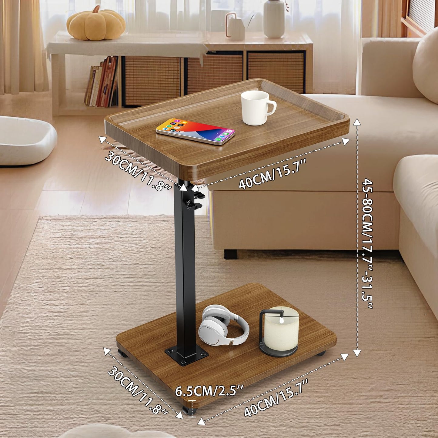 Lnopever Adjustable Side Table C Shaped Side Table with Wheels ＆ 360° Swivel Tray, Swivel Side Tables for Living Room