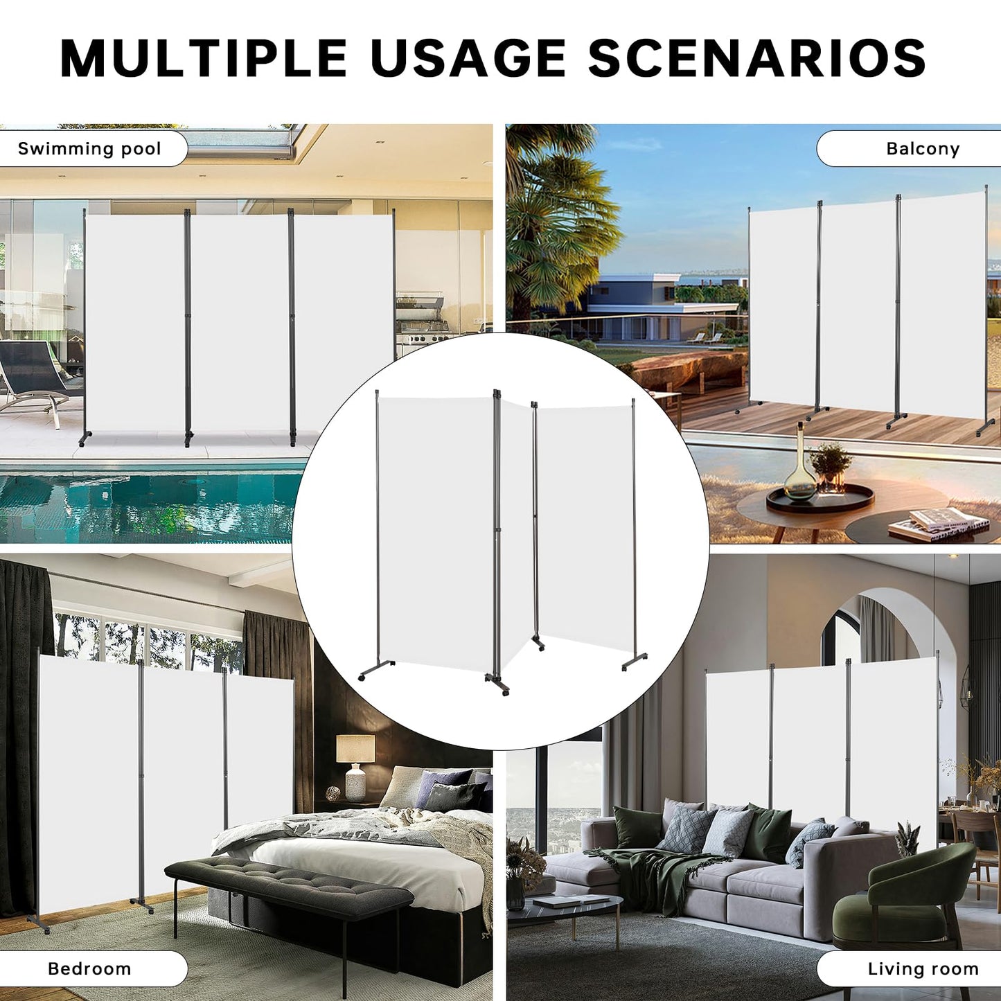 Angel Living 3 Panels Folding Room Divider, Privacy Screen Composed of Polyester Fabric and Sturdy Iron Frame