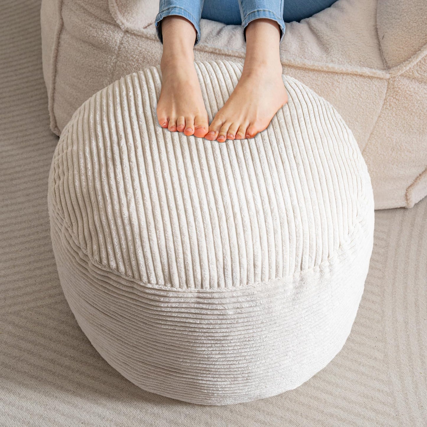 HIGOGOGO Corduroy Beanbags Round Footstool Bean Bag Pouf with Foam Chunk Filling, 50 x 35 cm Floor Poufs Foot Rest for Living Room, Navy