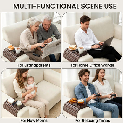LOVYANXUE Bamboo Sofa Arm Tray Table, Foldable Couch Cup Holder, Anti-Slip Wide Couch Arm Tray Aremrest Table for Drink, Cup, Remote, Snacks