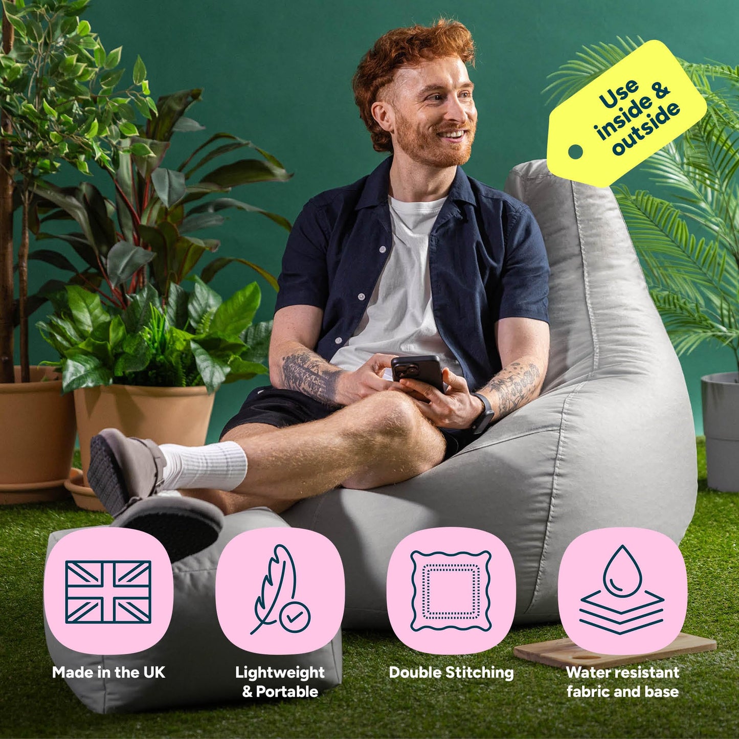 Bean Bag Bazaar Outdoor Bean Bag & Footstool with Filling Included, Grey