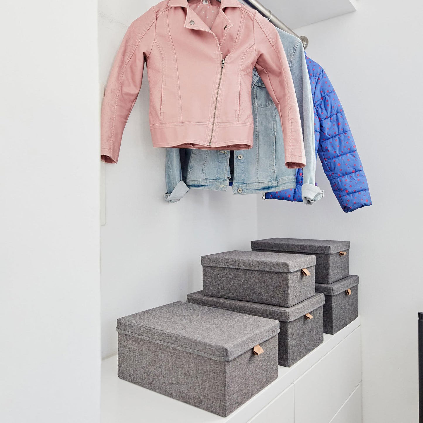 LOVE IT STORE IT Premium Storage Box with Lid Fabric 5 Pieces - Linen Stacking Boxes - Reinforced with Cardboard - Grey - Set of 5, Various Sizes