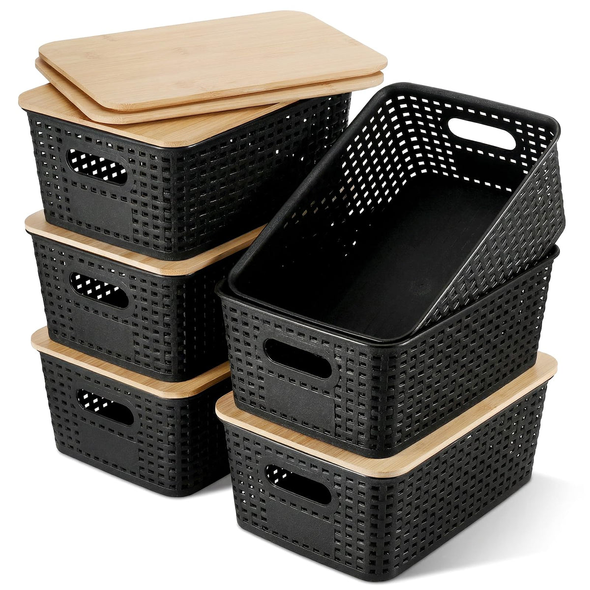 Huiguli 6 Pack Black Plastic Storage Boxes with Bamboo Lid