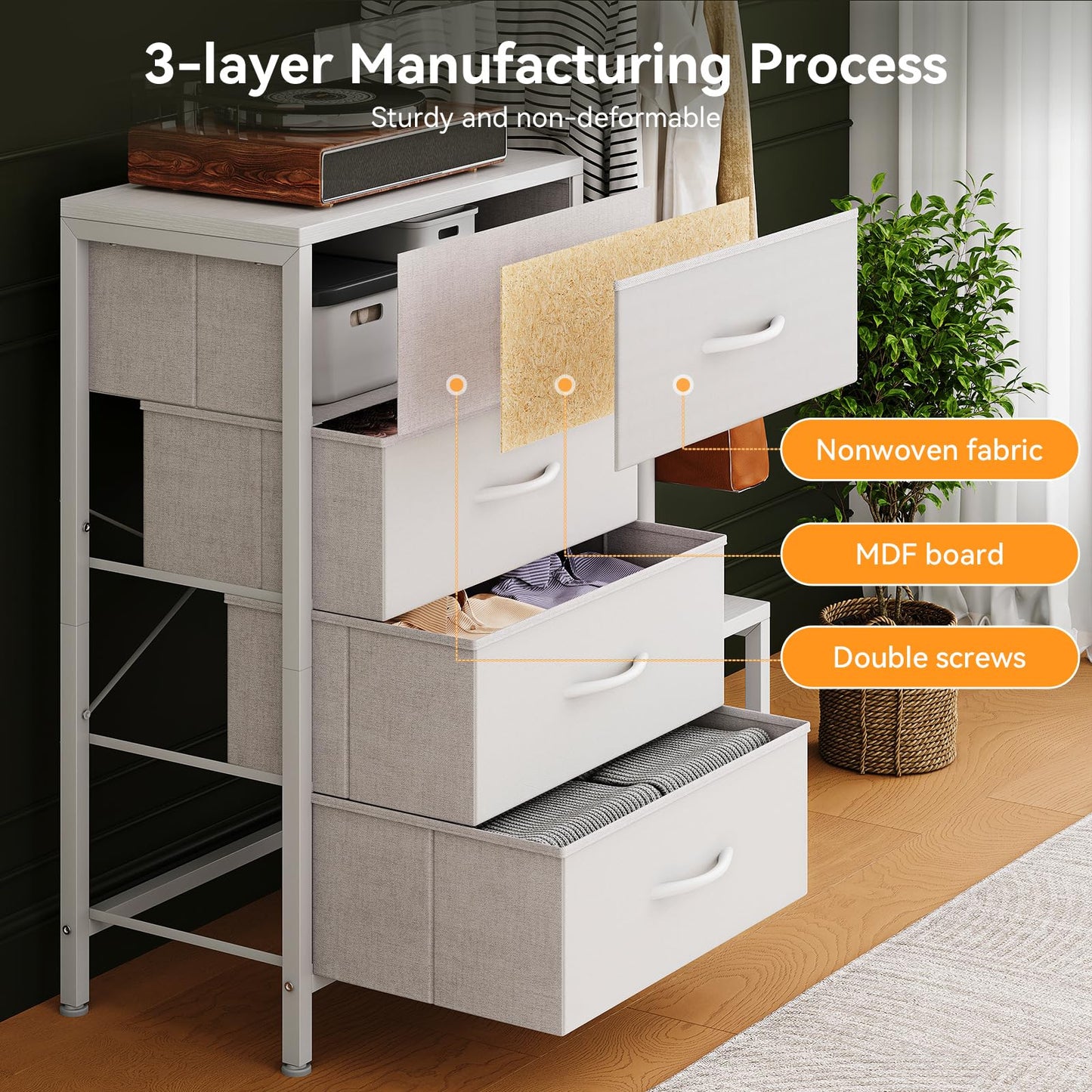 ODK 3 in 1 Chest of Drawers Bedroom, 4 Fabric Drawers, White, 30x75.5x120cm