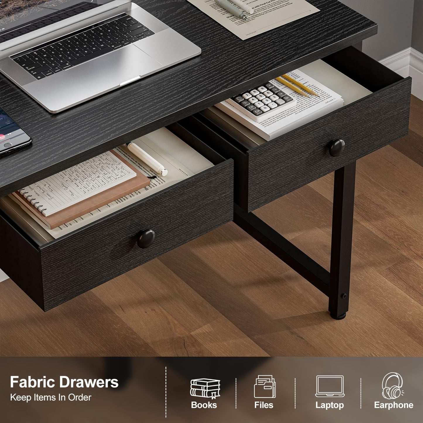 Grandder Small Computer Desk with 3 Fabric Drawers, 100 x 40 cm Home Office Desk with Storage Bags and Drawers