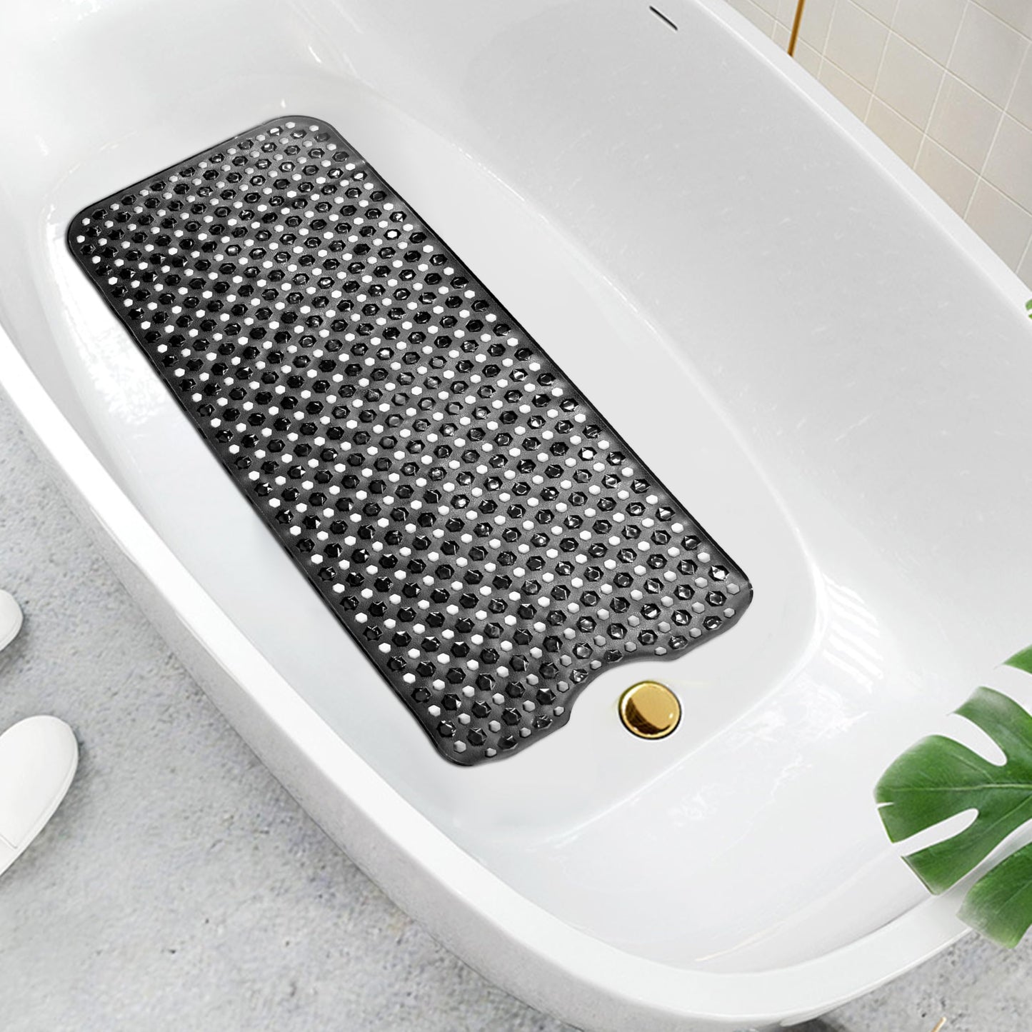 Non Slip Bath Mat - Extra Long Anti Mould Shower Mat - Machine Washable Bathroom Floor Mats with Strong Rubber Suction Cup Grip - Black - 40 x 70 cm