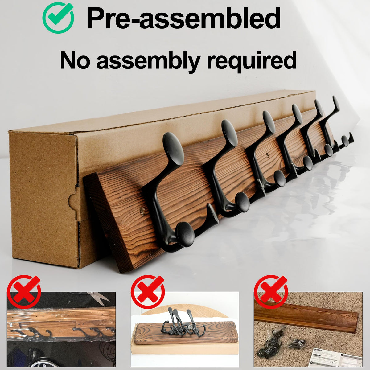 HONSKY Wall Mounted Coat Rack, 91cm BrownPine Wood Base, 6 Black Sturdy Aluminium Alloy Triple Hooks18 Hanging Points
