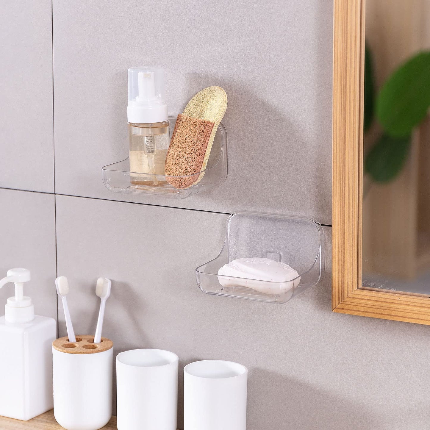 Soap Dish Holder,2 Pack Shower Soap Sponge Holder,Wall Mounted Self Adhesive Storage for Kitchen and Bathroom,Clear PET