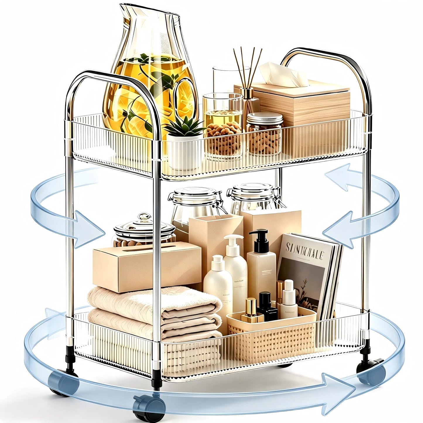 Guyi-Duck Clear Acrylic Storage Cart with Wheels, Transparent Rolling Organiser Trolley for Kitchen, Bathroom, Office and Home Corner