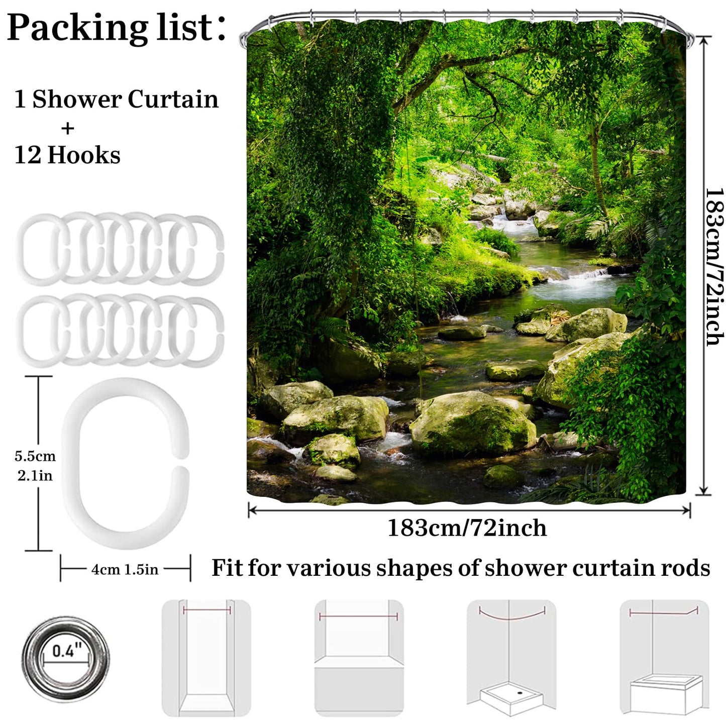 Simpomsy Plants Shower Curtain Green Nature Forest Jungle Tropical Rainforest Summer Landscape Scenery, 3D Digital Painting Pattern For Shower Stall