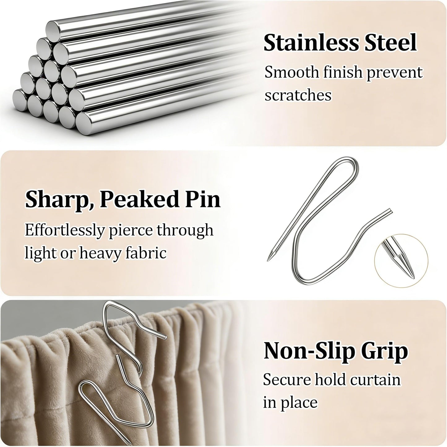 Miss Pen 100-Pack Stainless Metal Curtain Hooks, Heavy Duty Metal Drapery Pin Hooks for Pinch Pleat, Pencil Pleat Curtains, Window and Shower