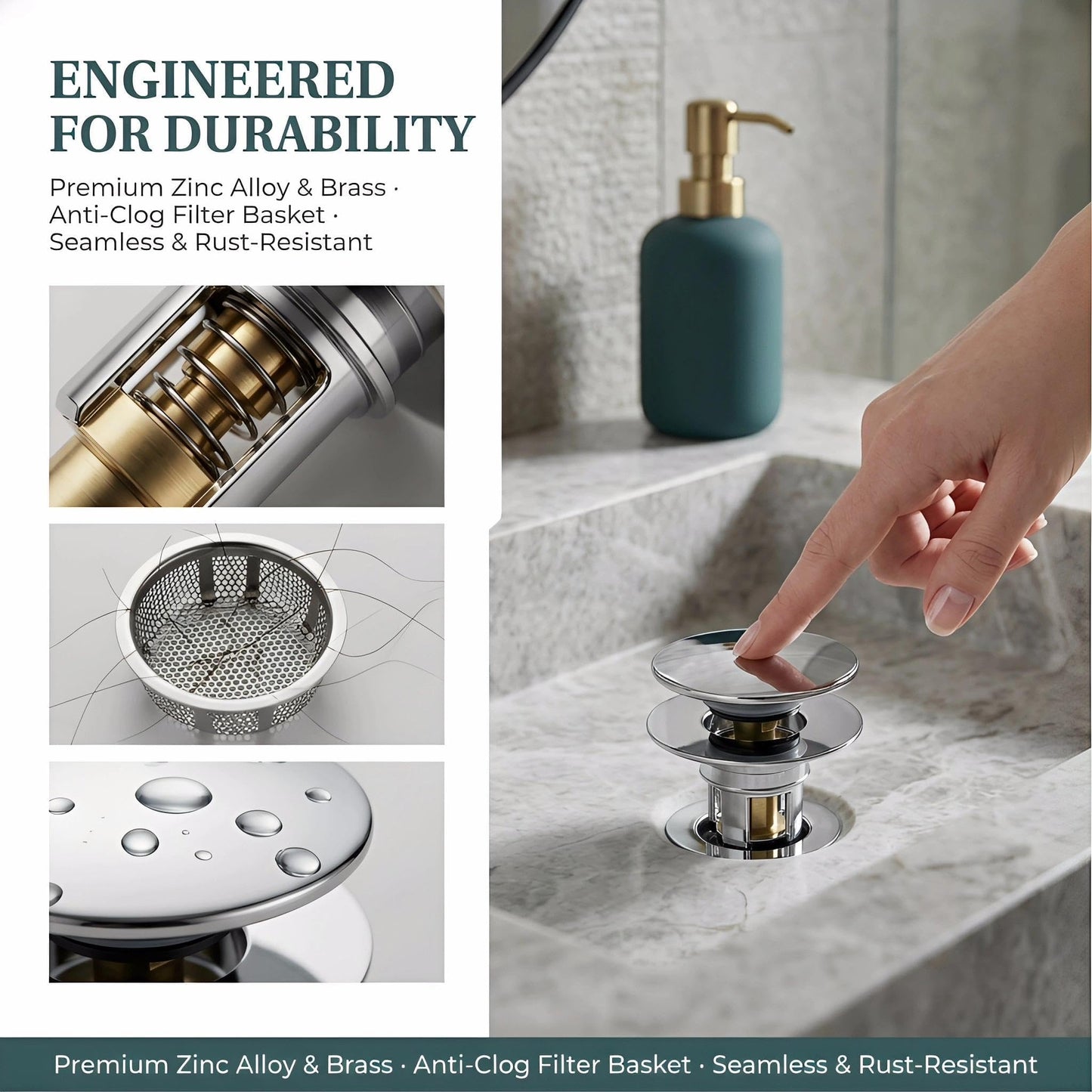 AQRNKK Pop up Sink Plug with Drain Strainer, Brass Bounce Core Push Drain Plug, Suitable for 1.18'' to 1.81'' (30-46mm), a Depth ＞50mm