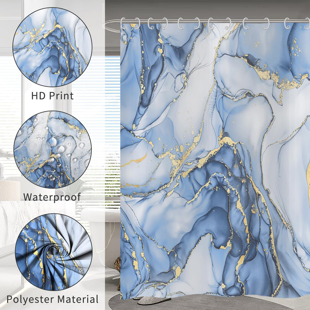 Hnmdmyi Marble Shower Curtain 180x200, Light Blue Gold Abstract Marble Bathroom Curtains Luxury Modern Aesthetic Art Ink Texture Waterproof Polyester
