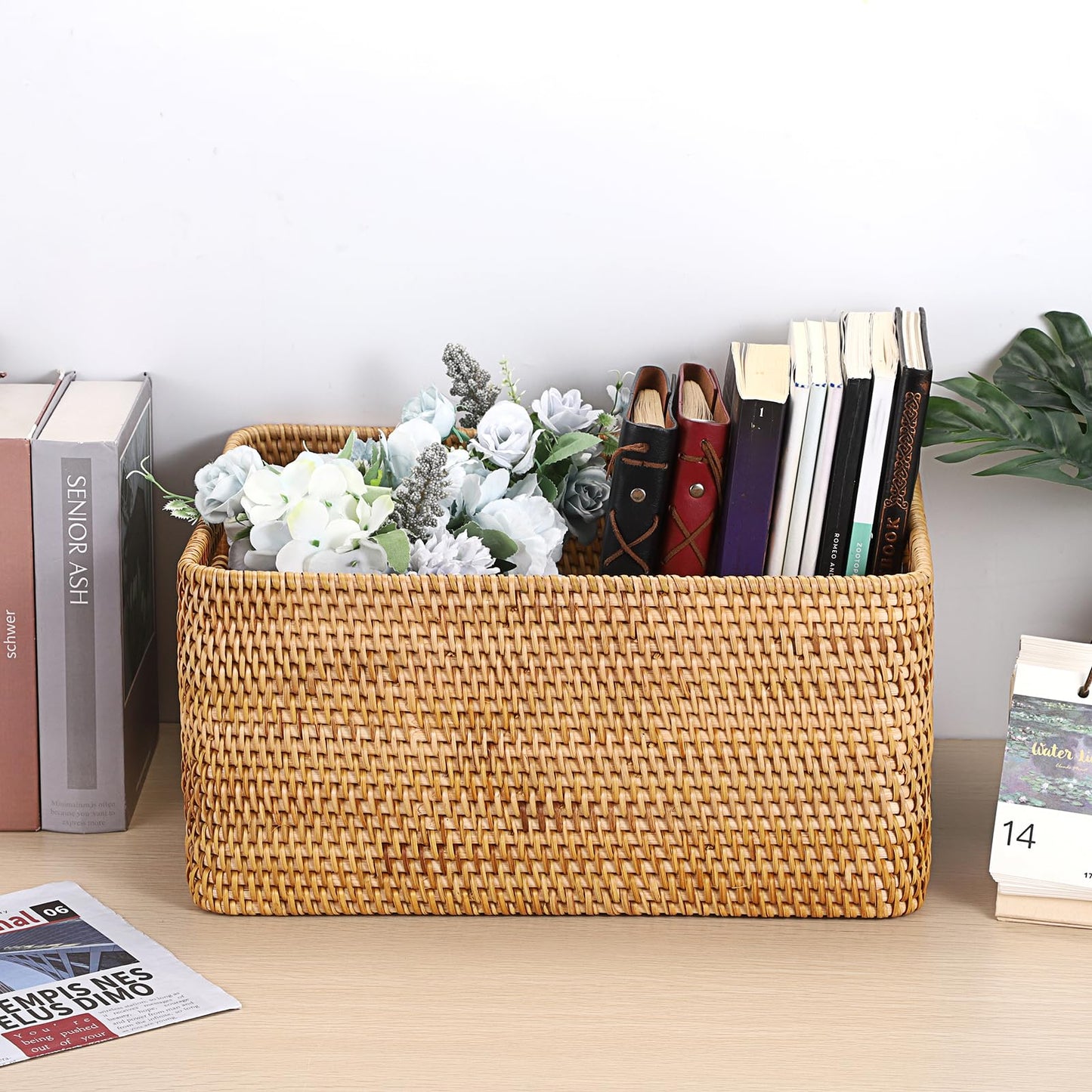 IGNPION Rattan Opened Storage Basket, Wicker Basket for Shelf, 38x28x18cm
