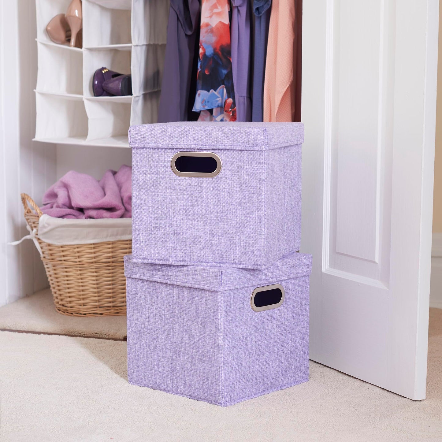 Household Essentials 814-1 Café Cube Bin Storage Set with Lids and Handles | 2 Pack, Purple Linen